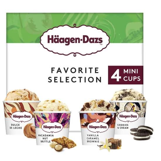 Häagen-Dazs - Favorite selection crème glacée en mini cups, dulce de leche-nougatine aux noix de macadamia-vanille-caramel et brownie-cookies et crème (4 x 95ml)