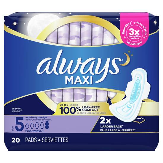Always Maxi Pads with Flexi-Wings Extra Heavy Overnight Size 5 (20 ct)