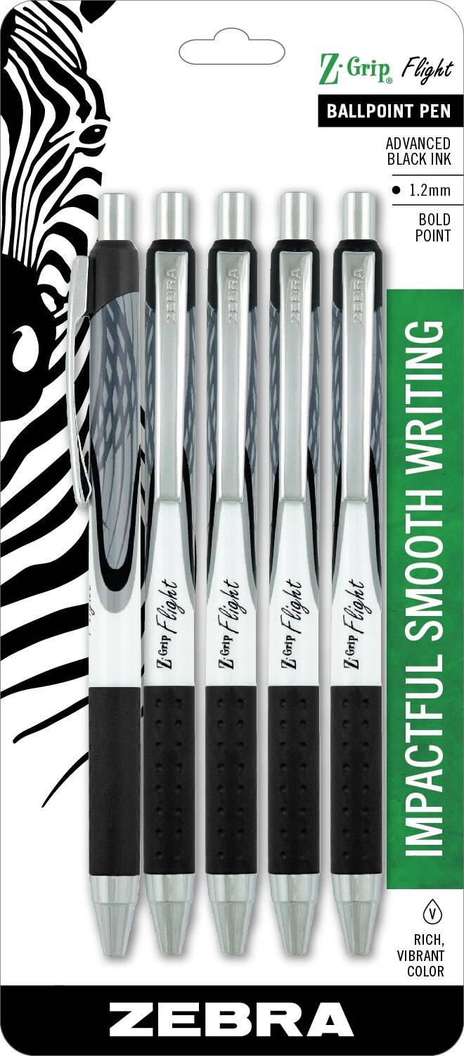 Zebra Pen Z-Grip Flight Retractable Ballpoint Pen, 1.2mm Bold, Black, 5 CT