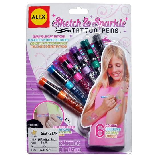 ALEX Colored Tattoo Pens With Stencil, 6Pc (6pcs)