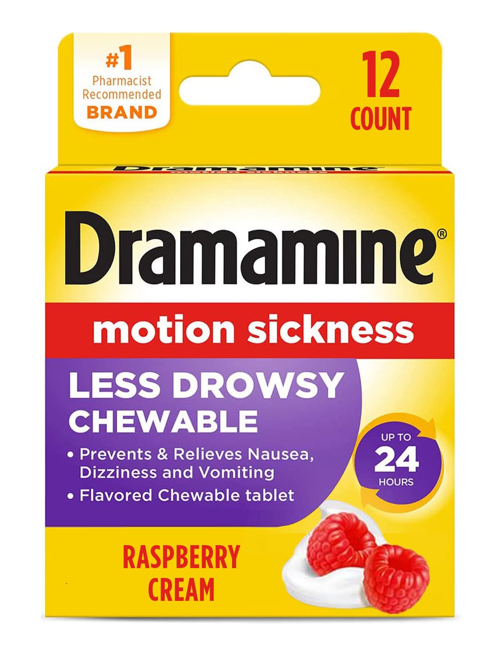 Dramamine Motion Sickness Less Drowsy Chewable Tablets, Raspberry Cream (12 ct)