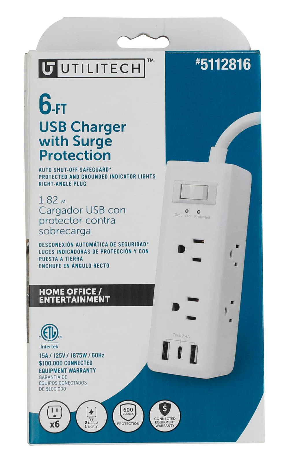 Utilitech 6-ft Indoor 6-Outlet 600 Joules 600-Watt 600Va White Indoor Usb and Ac Surge Protector | UTPBUC032