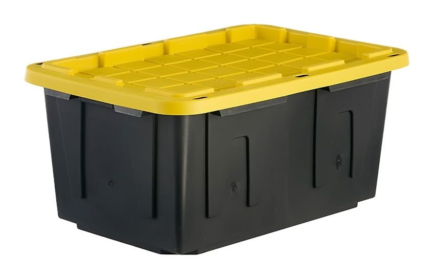 Project Source Commander Large 27 -Gallons ( 108 -Quarts ) Black and Yellow Heavy Duty Stackable Tote with Standard Snap Lid
