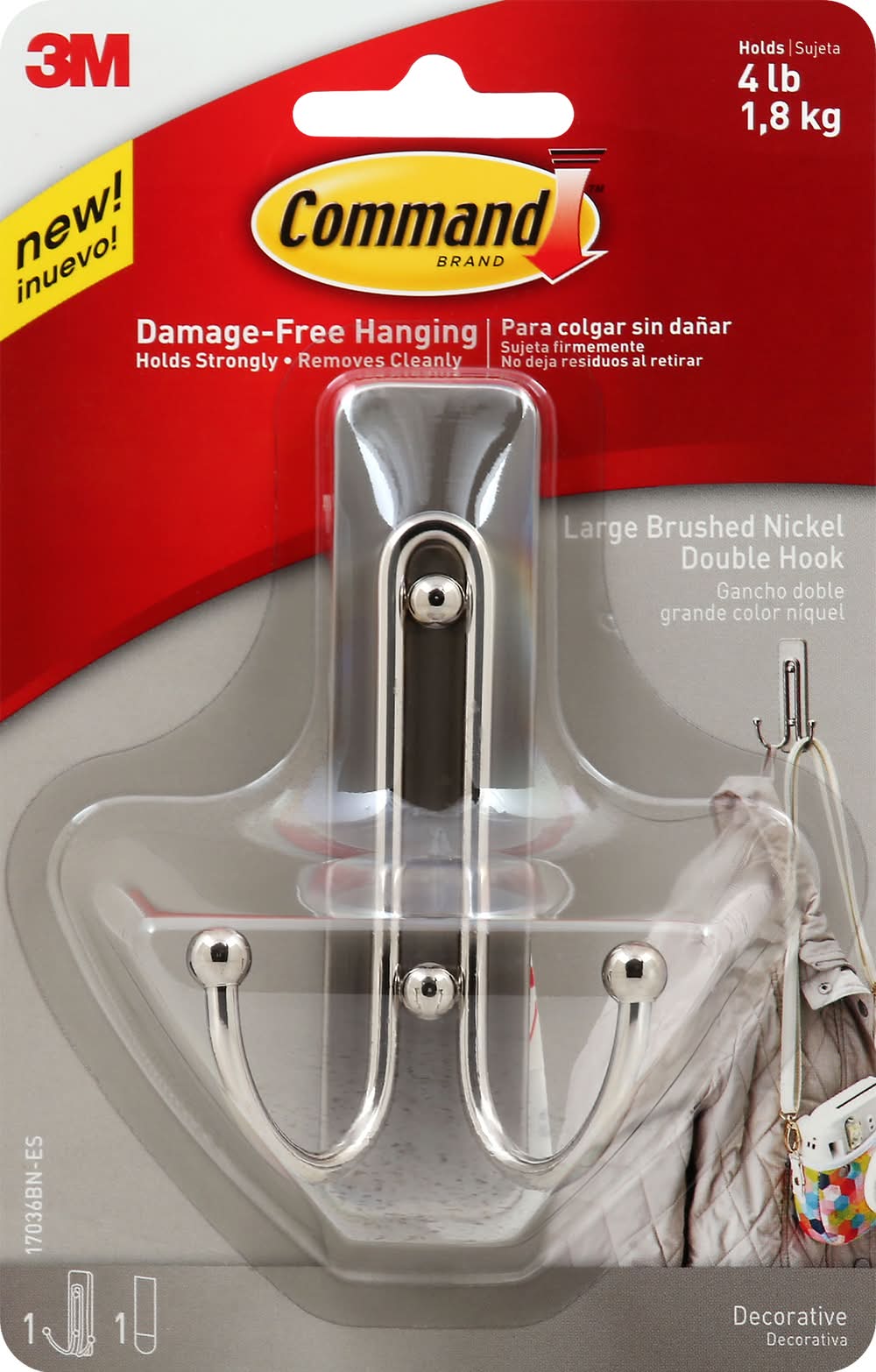 Command Large Brushed Nickel Double Hook (3.2 oz)