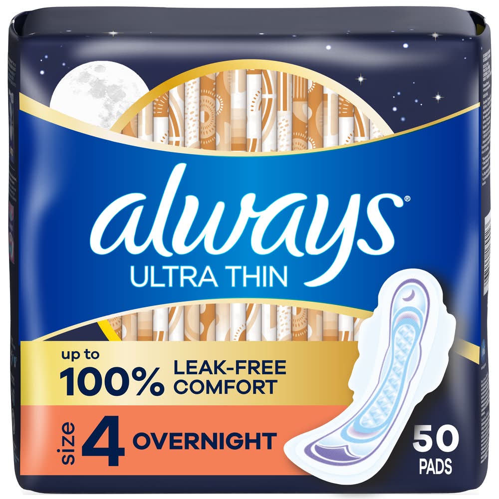Always Ultra Thin Overnight Pads With Wings, Women, 4 (50 ct)