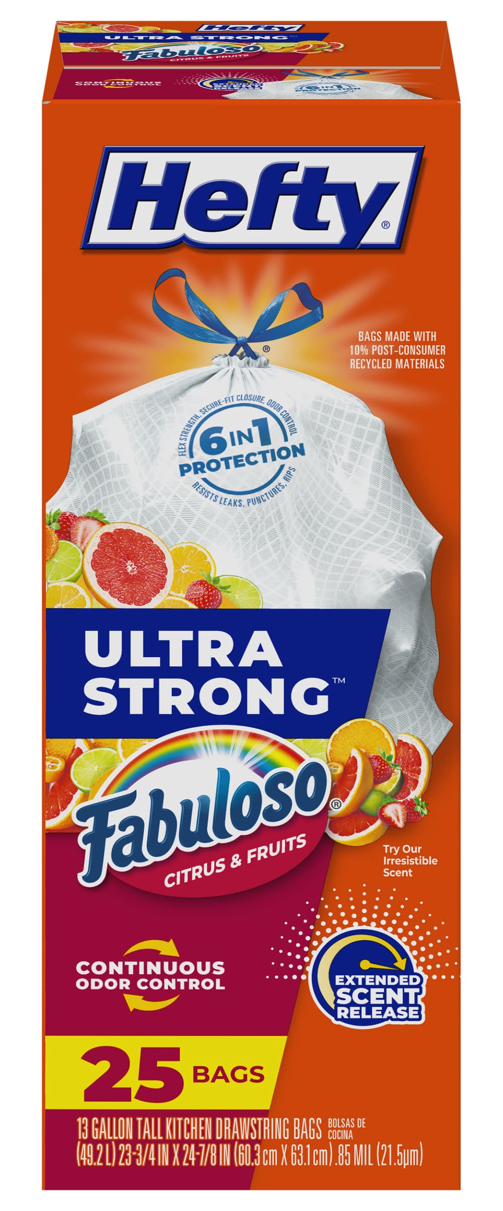 Hefty Ultra Strong Fabuloso Citrus & Fruits Drawstring Bags, 13 Gallon (25 ct)