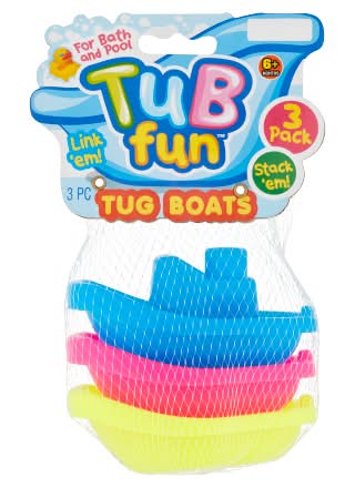 Tub Fun For Bath and Pool Tug Boats 6+ Months, Blue-Yellow-Pink (3 ct)