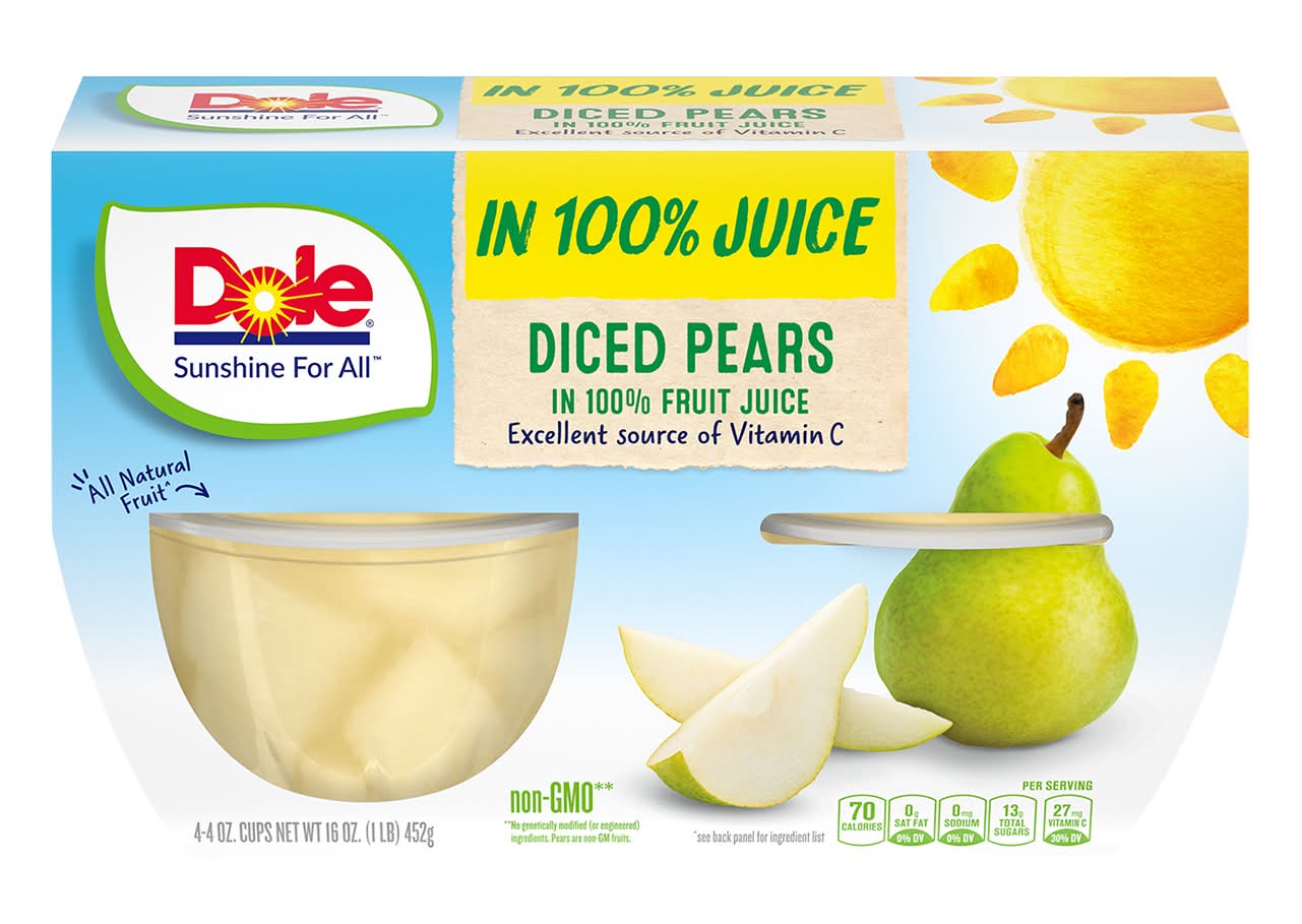 Dole Diced Pears in 100% Juice Fruit Cups (4 x 4 oz)