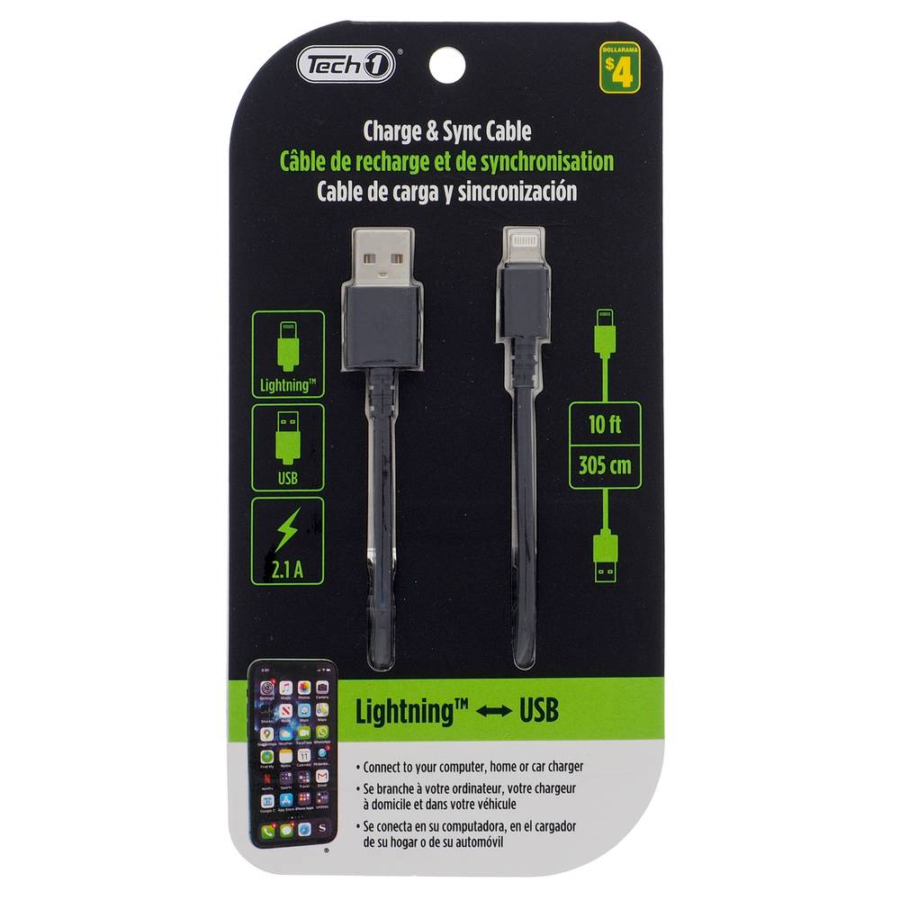 Tech 1 câble compatible lightning à usb 2.1a (305 cm)