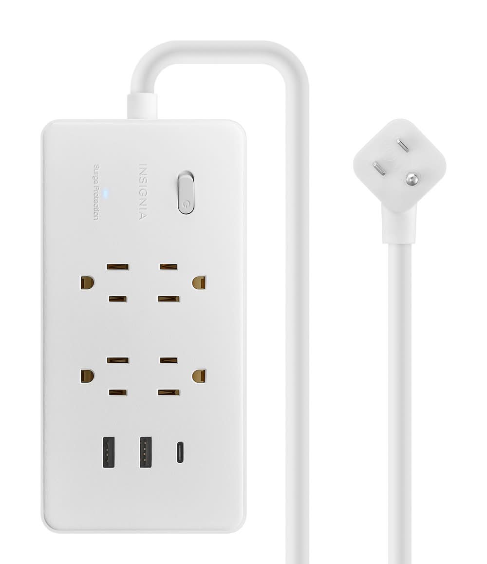 Insignia™ - 4-Outlet / 1-USB-C / 2-USB 1,200 Joules Surge Protector Strip with 6 ft. Power Cord - White