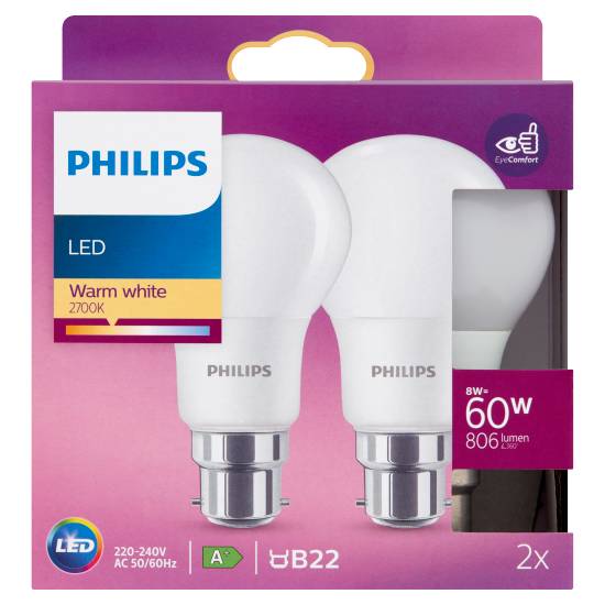 Philips Led 60w B22 Warm White Frosted Bulb Twin pack
