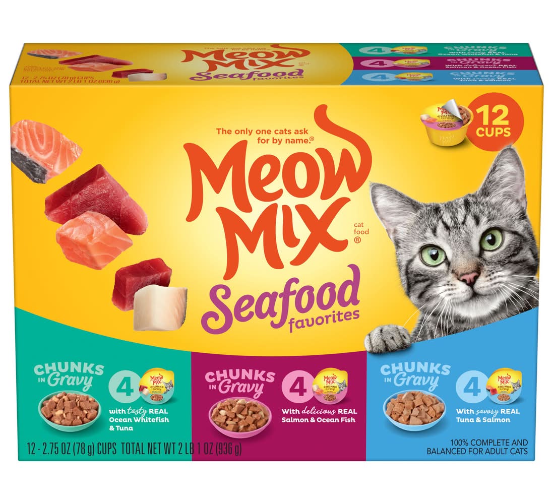 Meow Mix Seafood Favorites Cat Food Variety pack, Ocean Whitefish & Tuna-Salmon & Ocean Whitefish-Tuna & Salmon, Adult (12 x 2.75 oz)