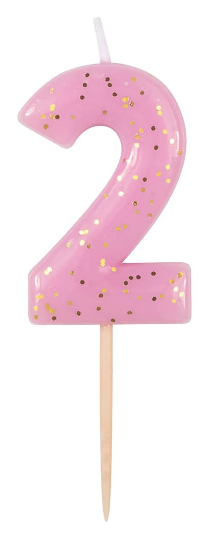 3-2-1 Party Mini Gold Glitter Number 2 Birthday Candle, Pastel Pink