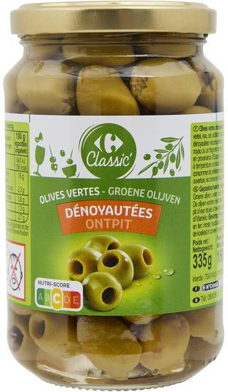 Olives vertes  dénoyautées  CARREFOUR - le bocal de 160g net égoutté