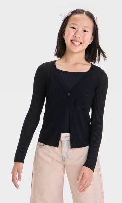 Art Class Girl's Feather Weight Flyaway Cardigan Sweater, M, Black