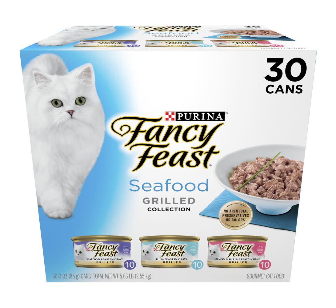 Purina Fancy Feast Seafood Grilled Collection Wet Cat Food Variety pack, Tuna-Salmon & Shrimp (30 x 3 oz)