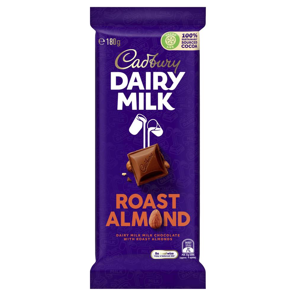 Cadbury Dairy Milk Chocolate Bar, Roast Almond (180g)