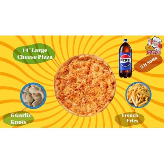 One 14" Cheese Pizza, 2lt Soda, French Fries and 6 Garlic Knots