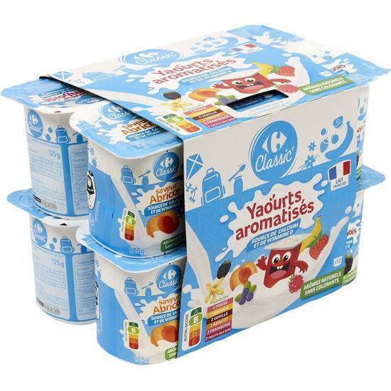 Carrefour Classic' - Yaourts aux fruits aromatisés (12 pièces) (fraise - banane - vanille - abricot - framboise - fruits des bois)