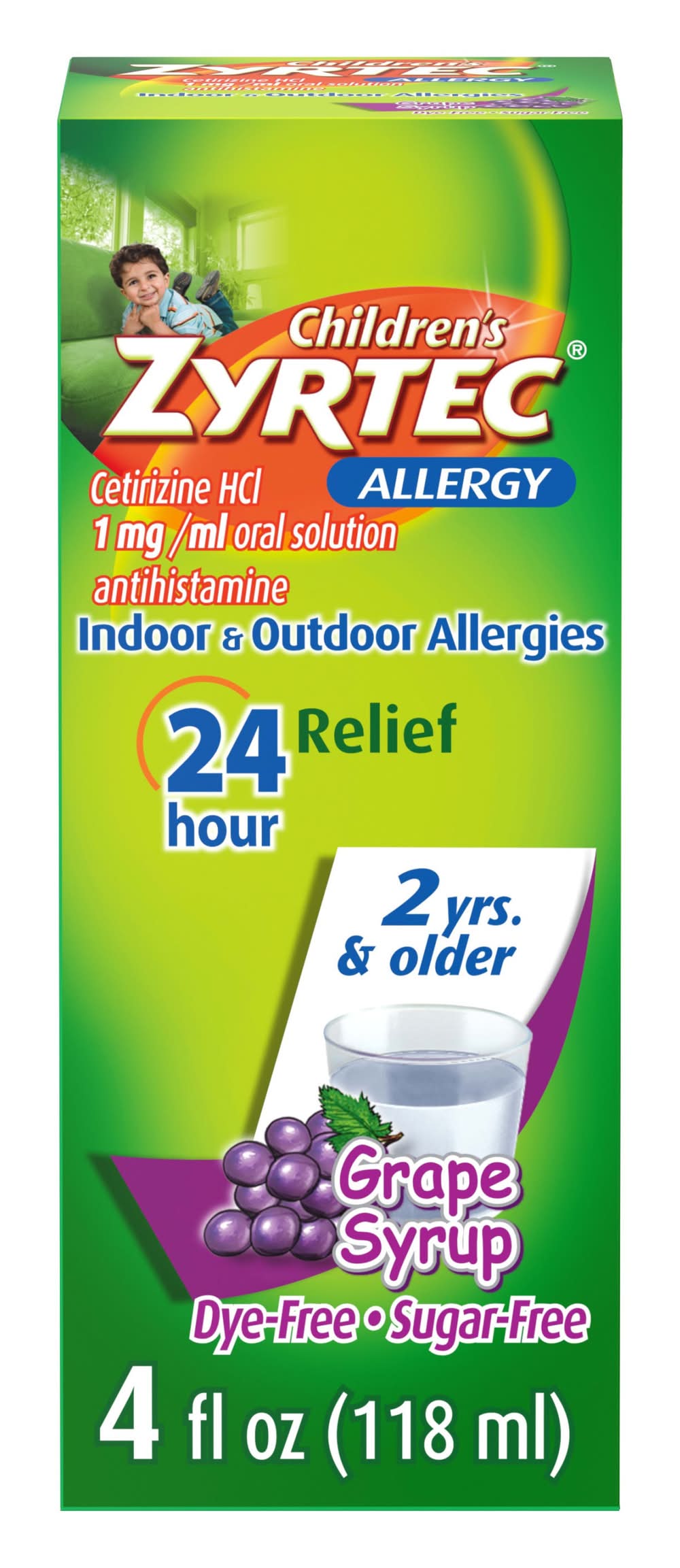 Zyrtec Children's Allergy Indoor & Outdoor 24 Hour Relief Syrup, Grape (4 fl oz)