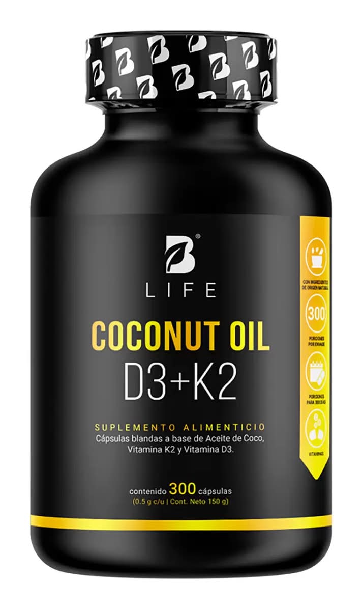 B Life · Aceite de coco y vitaminas k2 y d3 en cápsulas blandas de 500 mg (300 un)