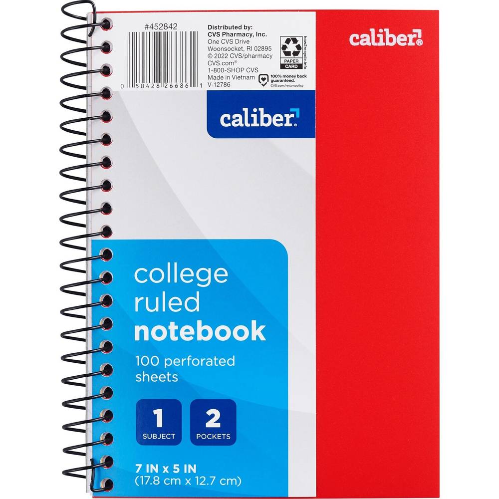 Caliber 1 Subject Notebook College Ruled, 7in x 5in, Assorted