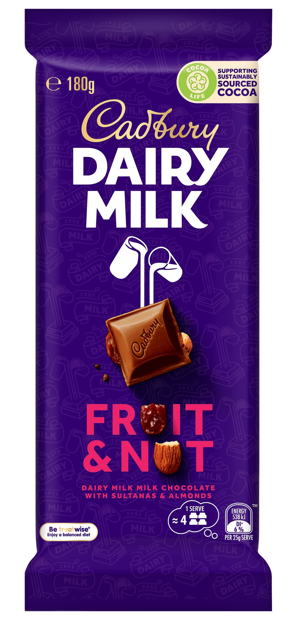 Cadbury Dairy Milk Chocolate Bar, Fruit & Nut (180g)