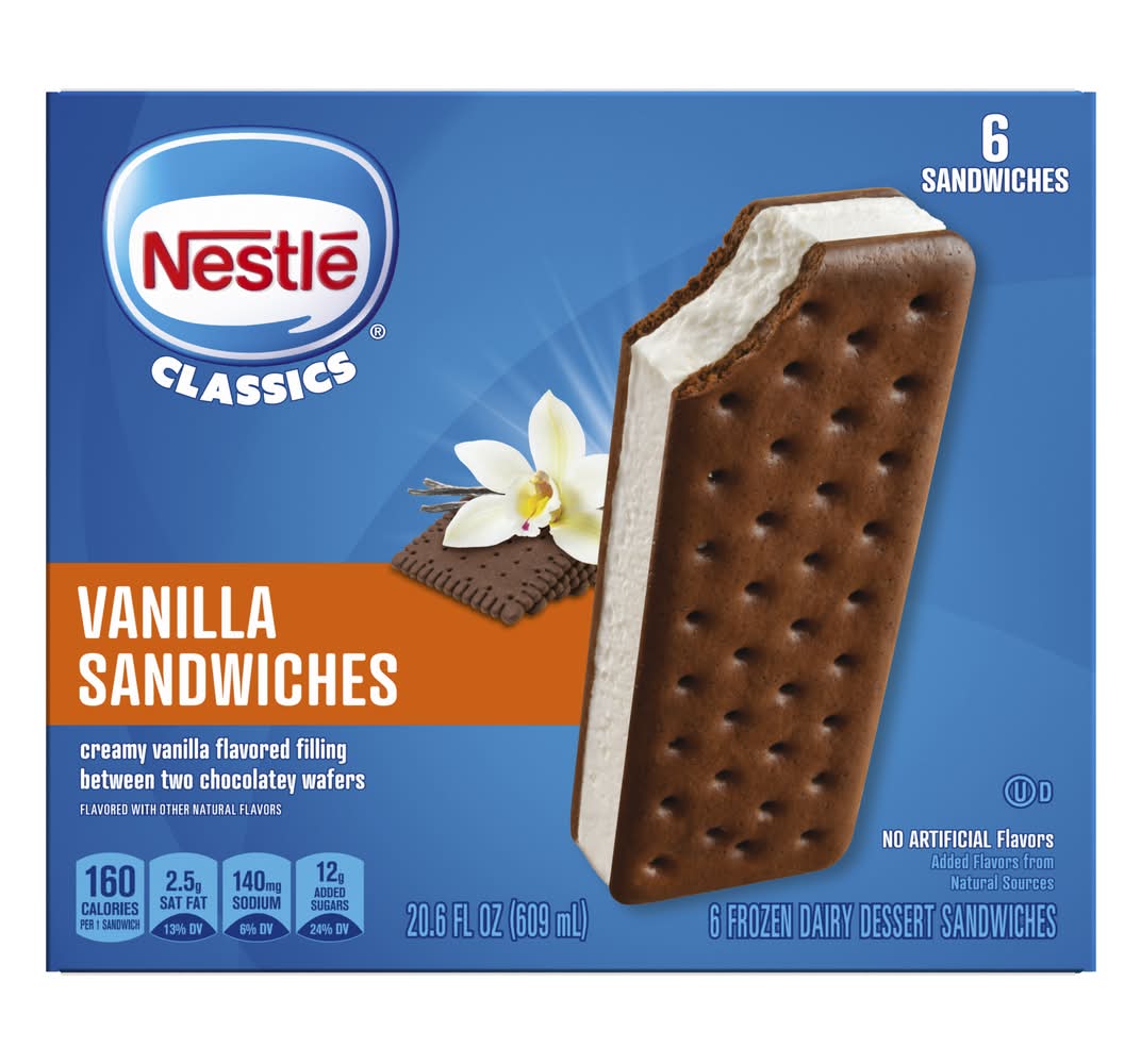 Nestlé Classics Frozen Dairy Dessert Sandwiches, Vanilla (20.6 oz, 6 ct)