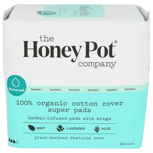 The Honey Pot Company Organic Cotton Cover Super Herbal-Infused Pads With Wings
