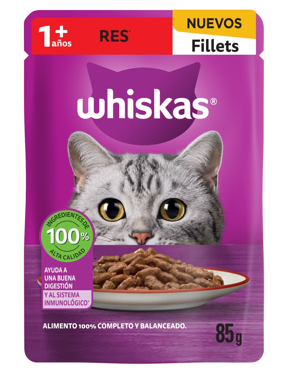 Whiskas · Alimento húmedo en filetes para gatos, res, Adultos (85 g)