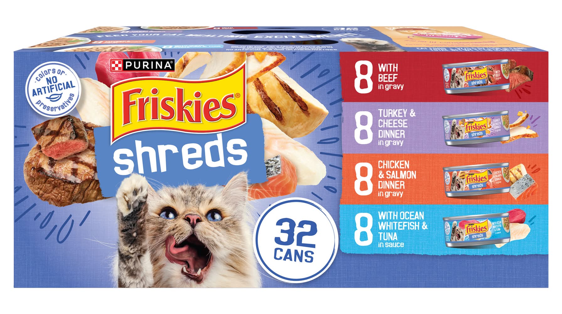 Purina Friskies Shreds Gravy Wet Cat Food Variety pack, With Beef-Turkey & Cheese Dinner-Chicken & Salmon Dinner-With Ocean Whitefish & Tuna, Adult (32 x 5.5 oz)