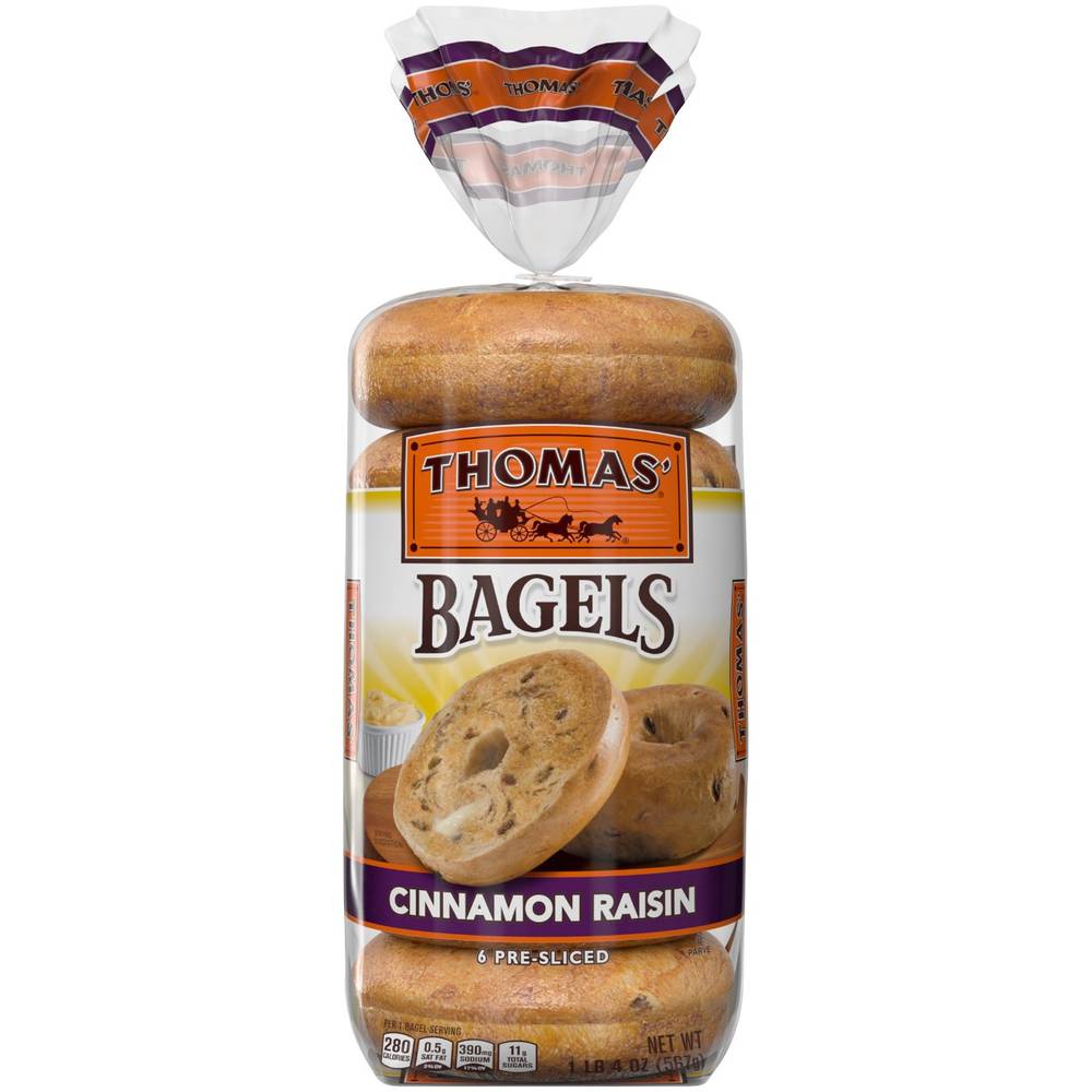 Thomas' Cinnamon Raisin Soft & Chewy Pre-Sliced Bagels, 6 count, 20 oz (1 Unit per Case)