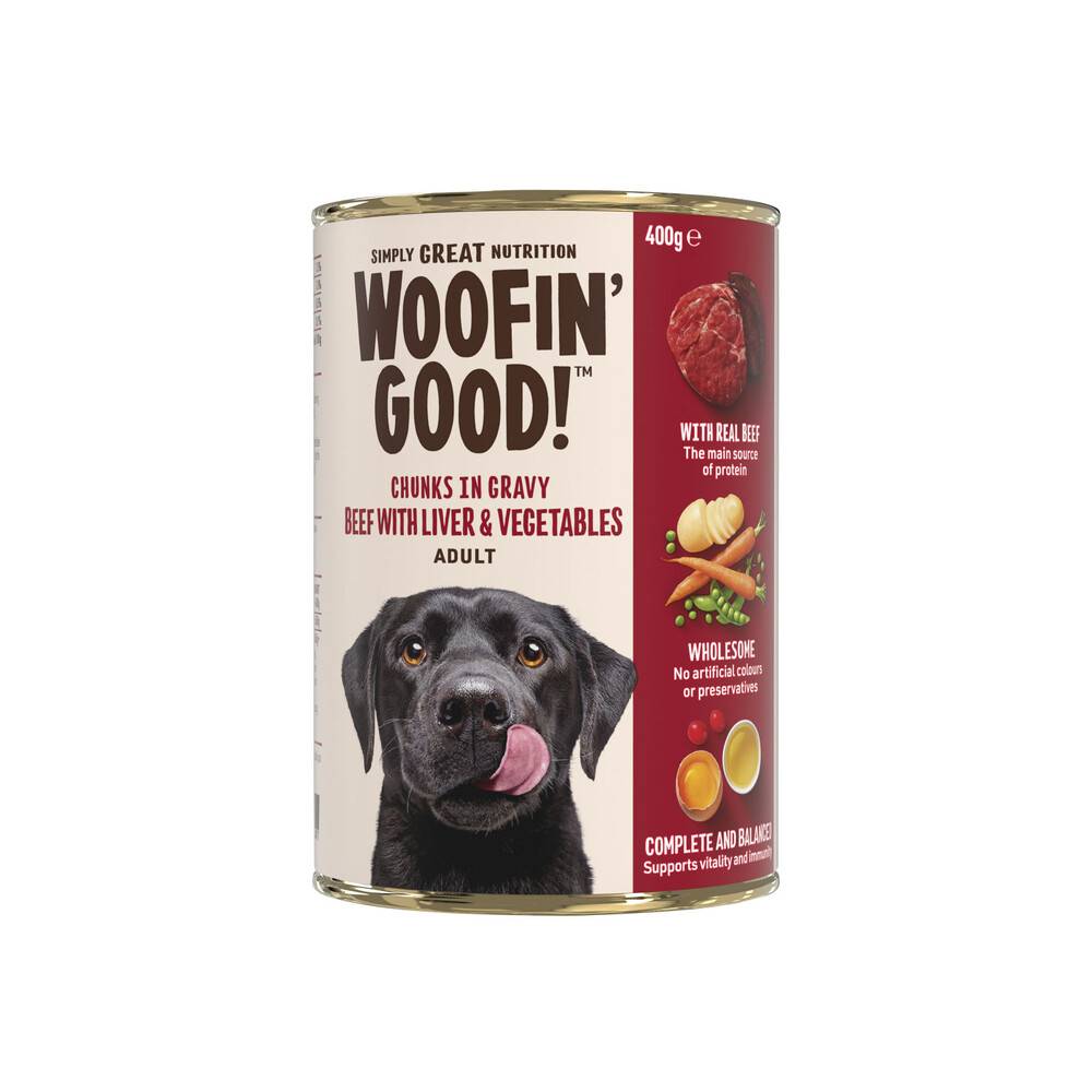 Woofin Good Chunks in Gravy Beef Liver & Veg Dog Food 400g