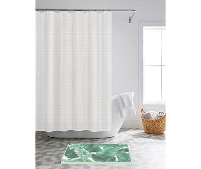 Shower Curtain & Tropical Palm Noodle Bath Rug Set, Green (14 ct)