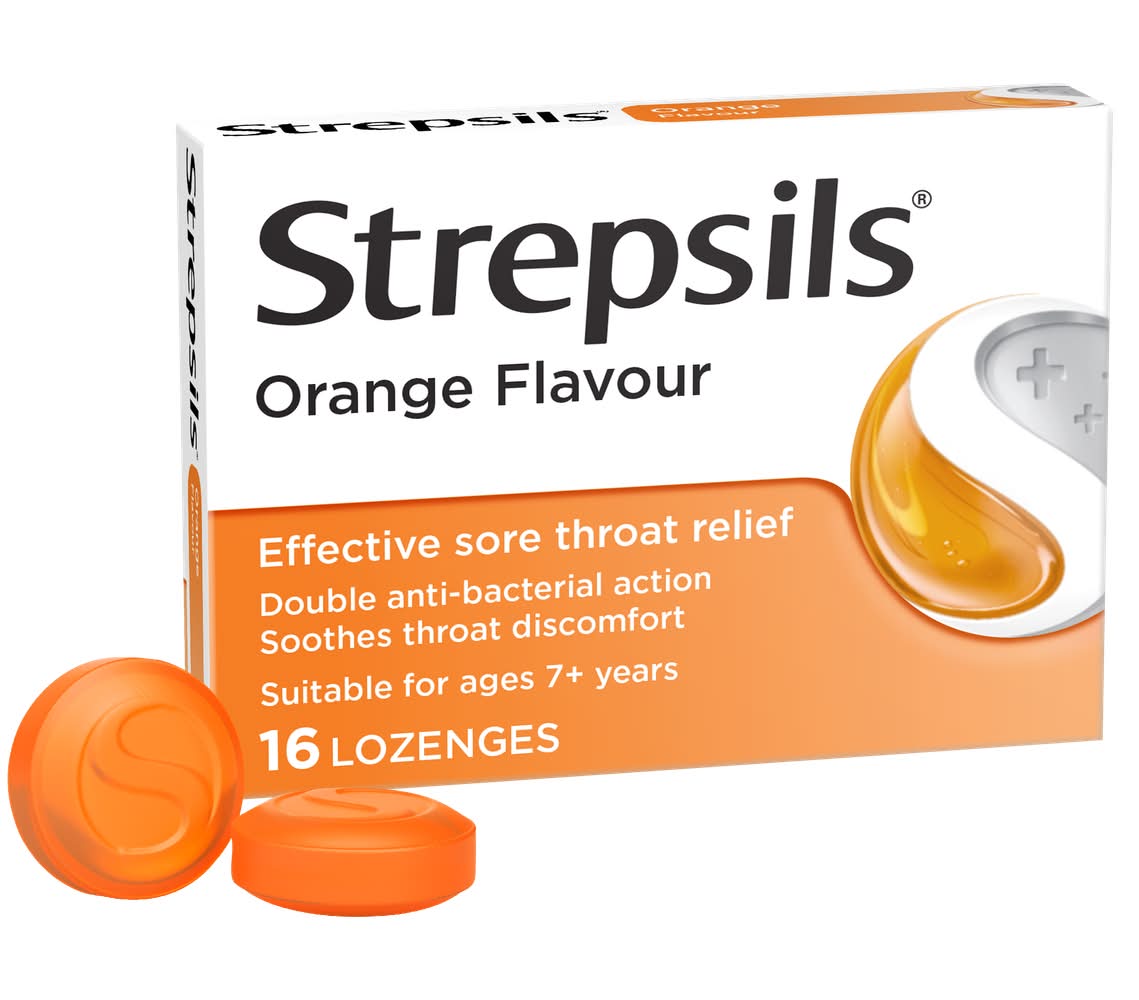 Strepsils Double Antibacterial Soothing Sore Throat Lozenges, Orange (16 pack)