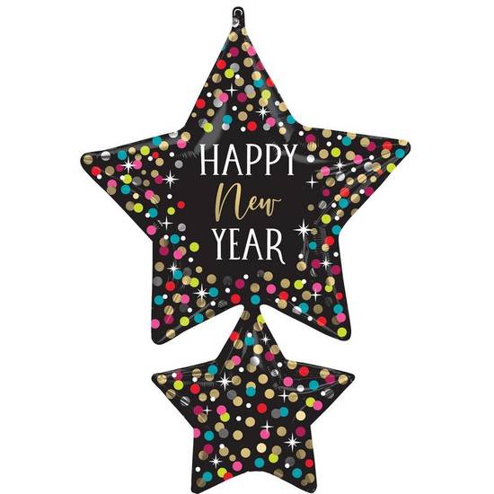 Uninflated Happy New Year Star Cluster Foil Balloon, 26in x 37in - Colorful Confetti