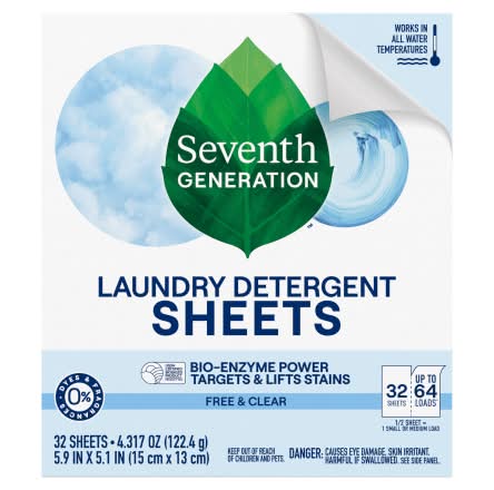 Seventh Generation Free & Clear Laundry Detergent Sheets, 5.9x5.1 in (4.31 oz, 32 ct)