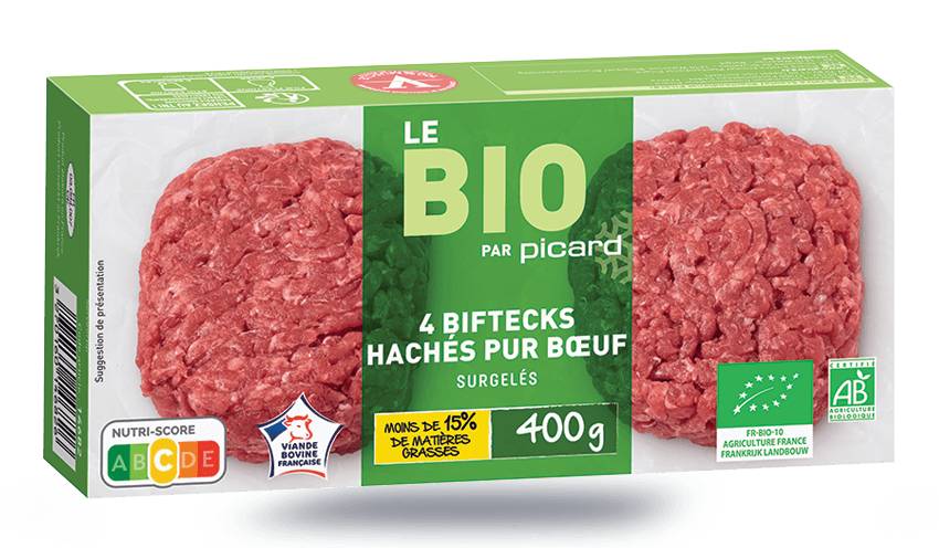 4 biftecks hachés bio, pur boeuf, 15% M.G maximum