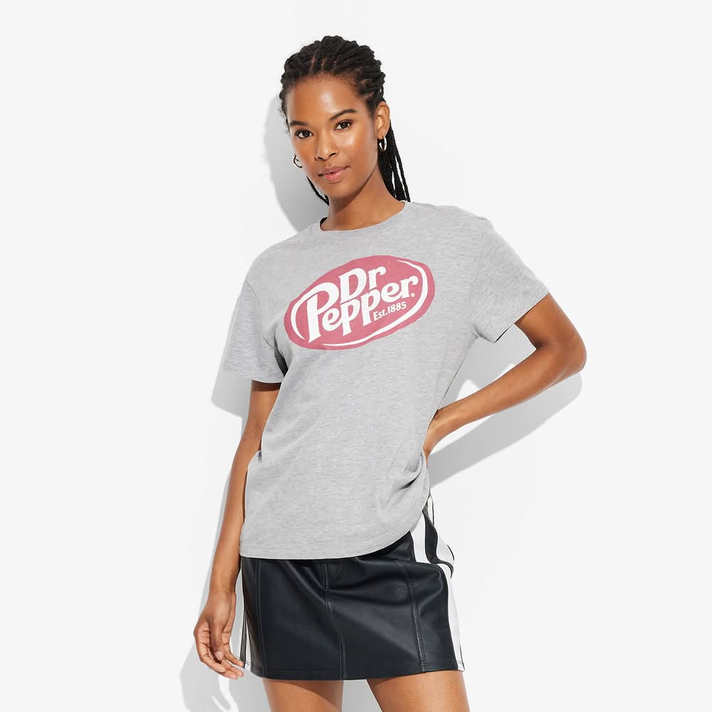 Dr Pepper Knit Pullover Short Sleeve Graphic T-Shirt, Women, L, Heather Gray