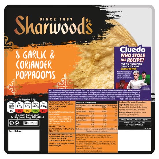 Sharwood's Garlic & Coriander Poppadoms (8 pack)
