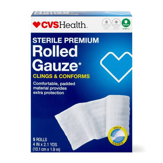 CVS Health Sterile Premium Latex-Free Rolled Gauze, 4 IN x 2.1 YD, 5 CT