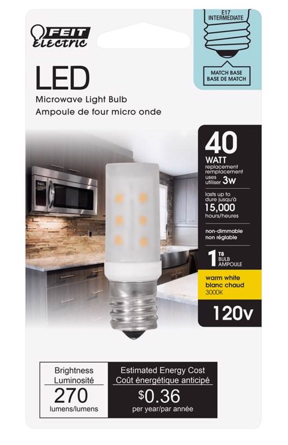 Feit T8 E17 (Intermediate) Led Bulb Warm White 40 Watt Equivalence 1 Pk