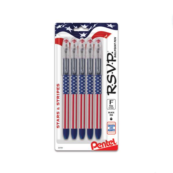 Pentel R.s.v.p Stars/Stripes 0.7 mm Edition Black Pens(5 Ct)