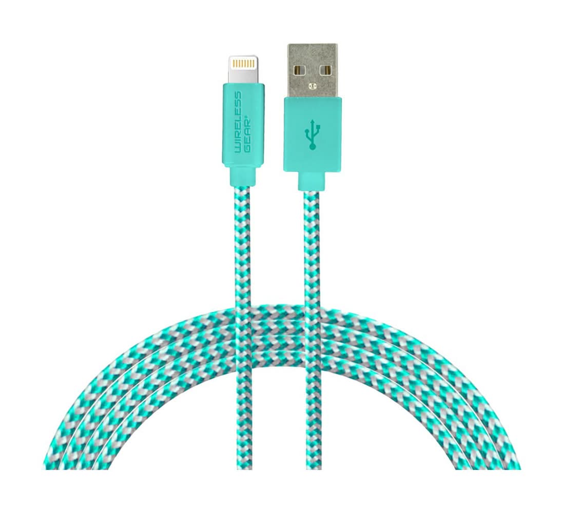 Wireless Gear Lightning Braided Usb Cable, 10 ft, Mint Green-White