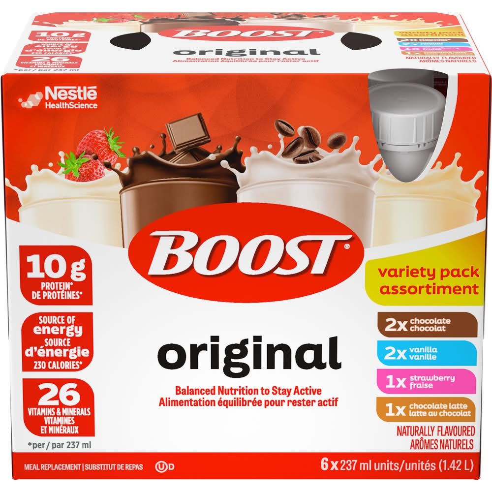 Boost Original Meal Replacement Drink Variety pack, Chocolate-Vanilla-Strawberry-Chocolate Latte (6 x 237 ml)