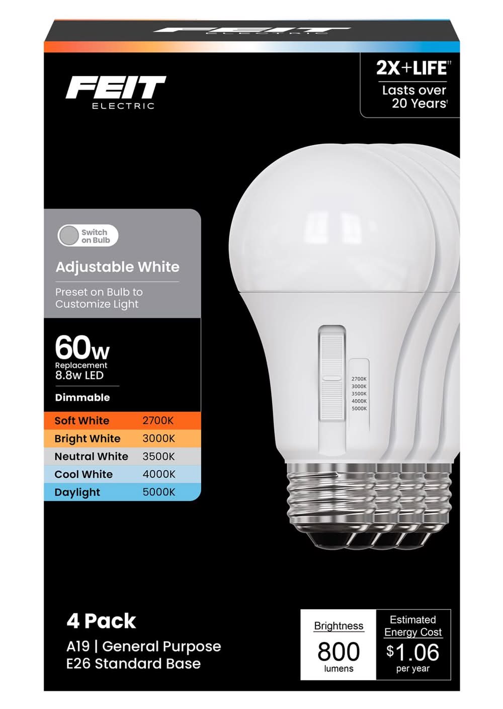Feit A19 E26 (Medium) Led Bulb Adjustable White 60 Watt Equivalence 4 Pk