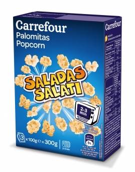 Palomitas saladas para microondas Carrefour pack de 3 unidades de 100 g.
