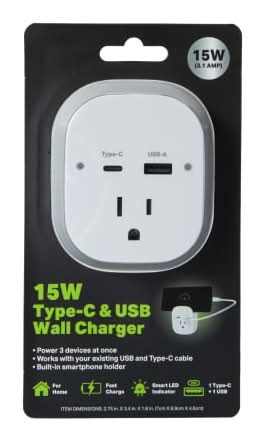 15W USB-C & USB Wall Charger With Outlet White