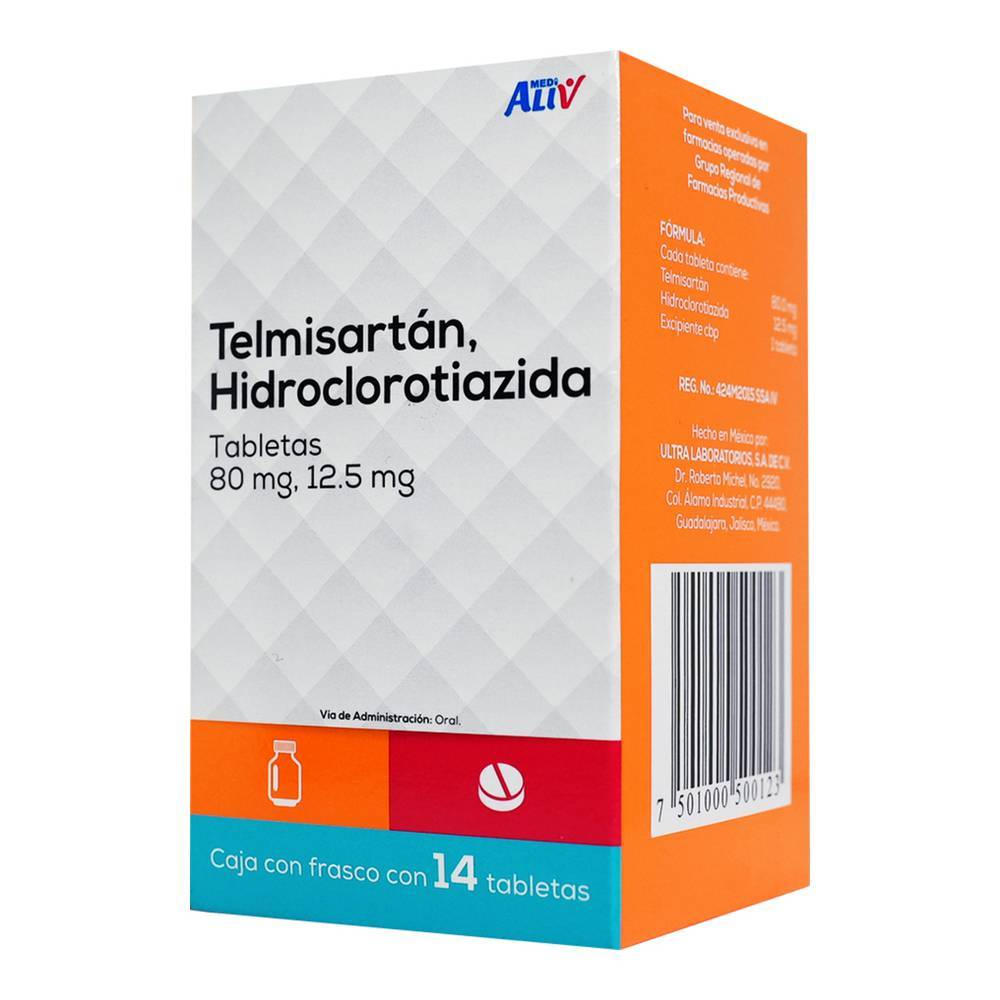 Medialiv telmisartán, hidroclorotiazida tabletas 80 mg/12.5 mg (14 piezas)