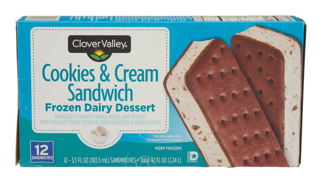 Clover Valley Cookies & Cream Flavored Sandwich Frozen Dairy Dessert 12 Ct 42 Fl Oz